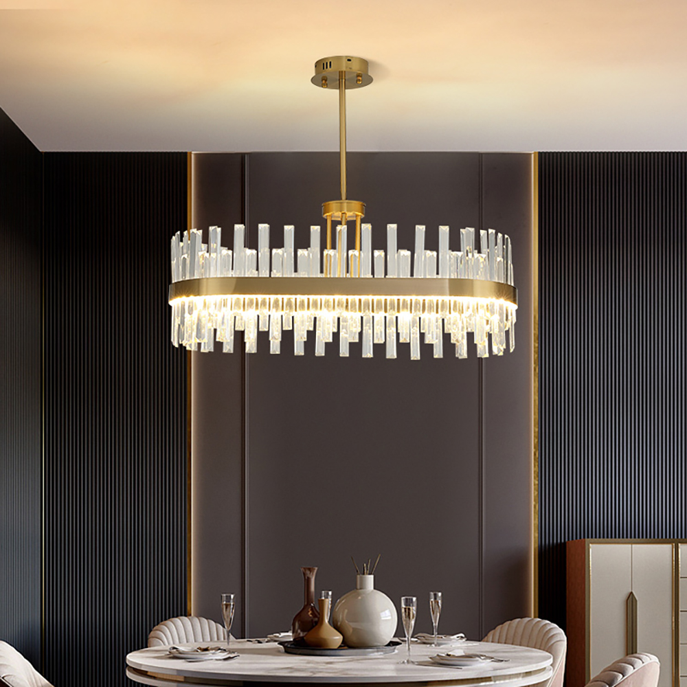 

Modern Crystal Stripe Kitchen Island Light with Oval Frame in Brass