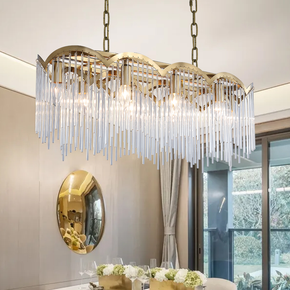 

Modern Tiered 8-Light Kitchen Island Light with Glass Line & Waved Edges