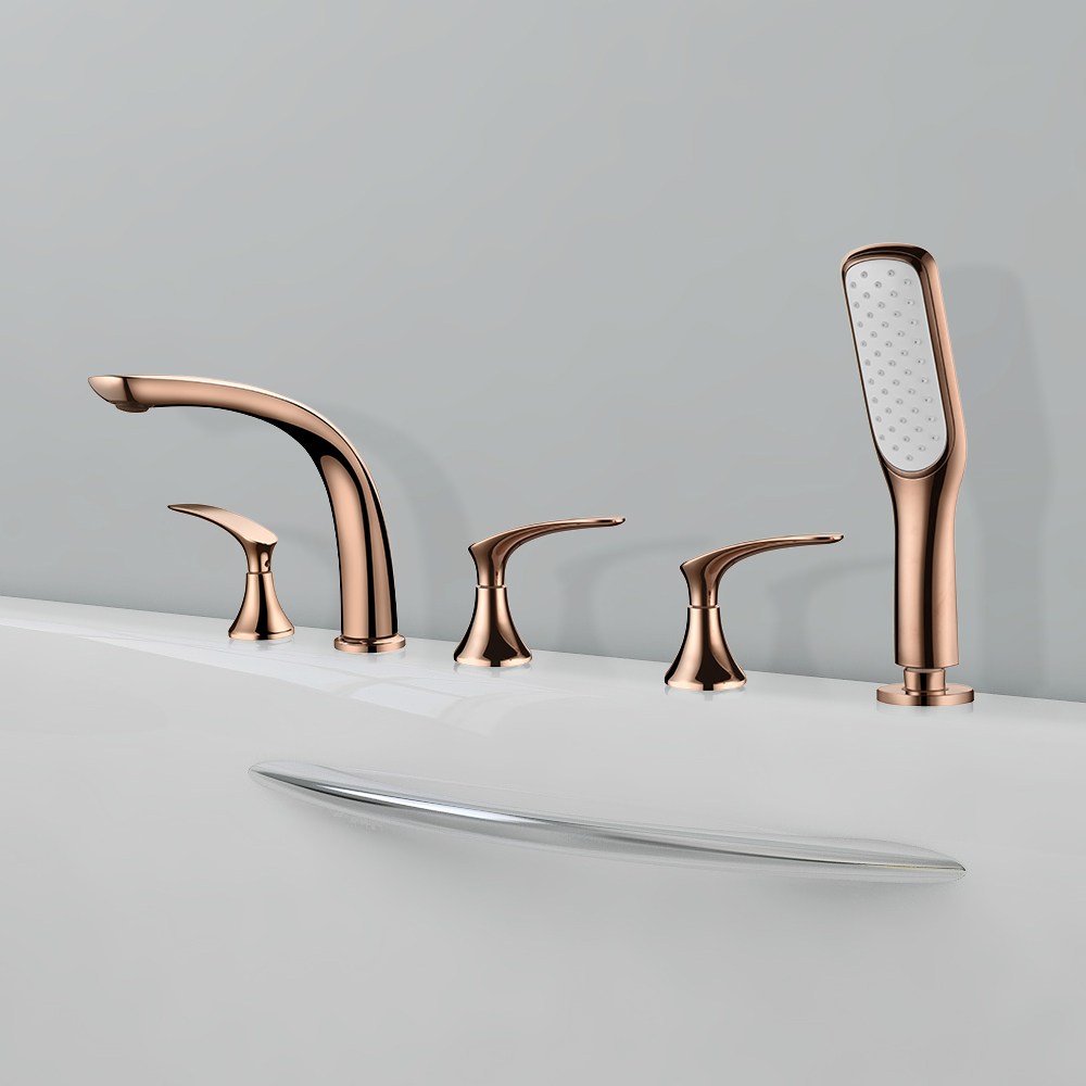 

Deck Mounted Roman Bathtub Faucet with Handshower Solid Brass Rose Gold