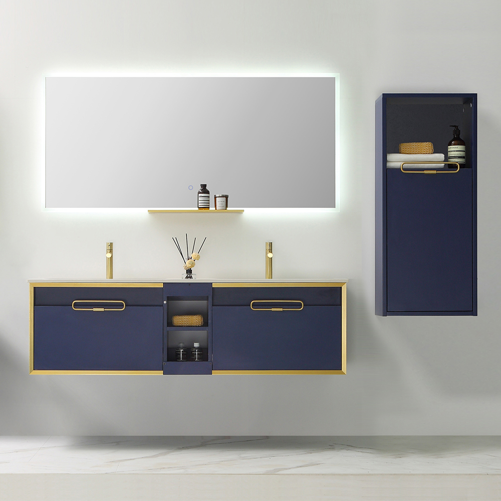 

59'' Floating Bathroom Vanity Top Double Integral Sinks with Side Cabinet in Blue