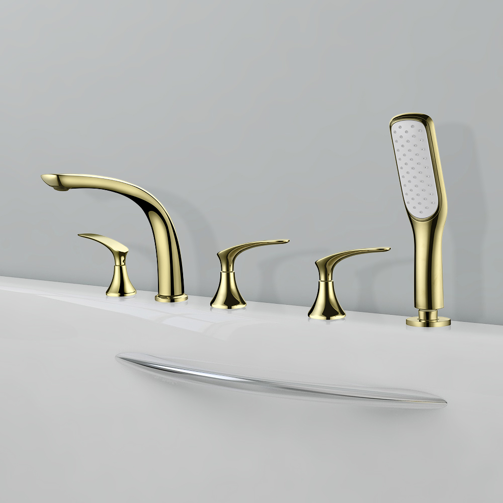

Deck Mounted Roman Bathtub Faucet with Handshower Solid Brass Gold