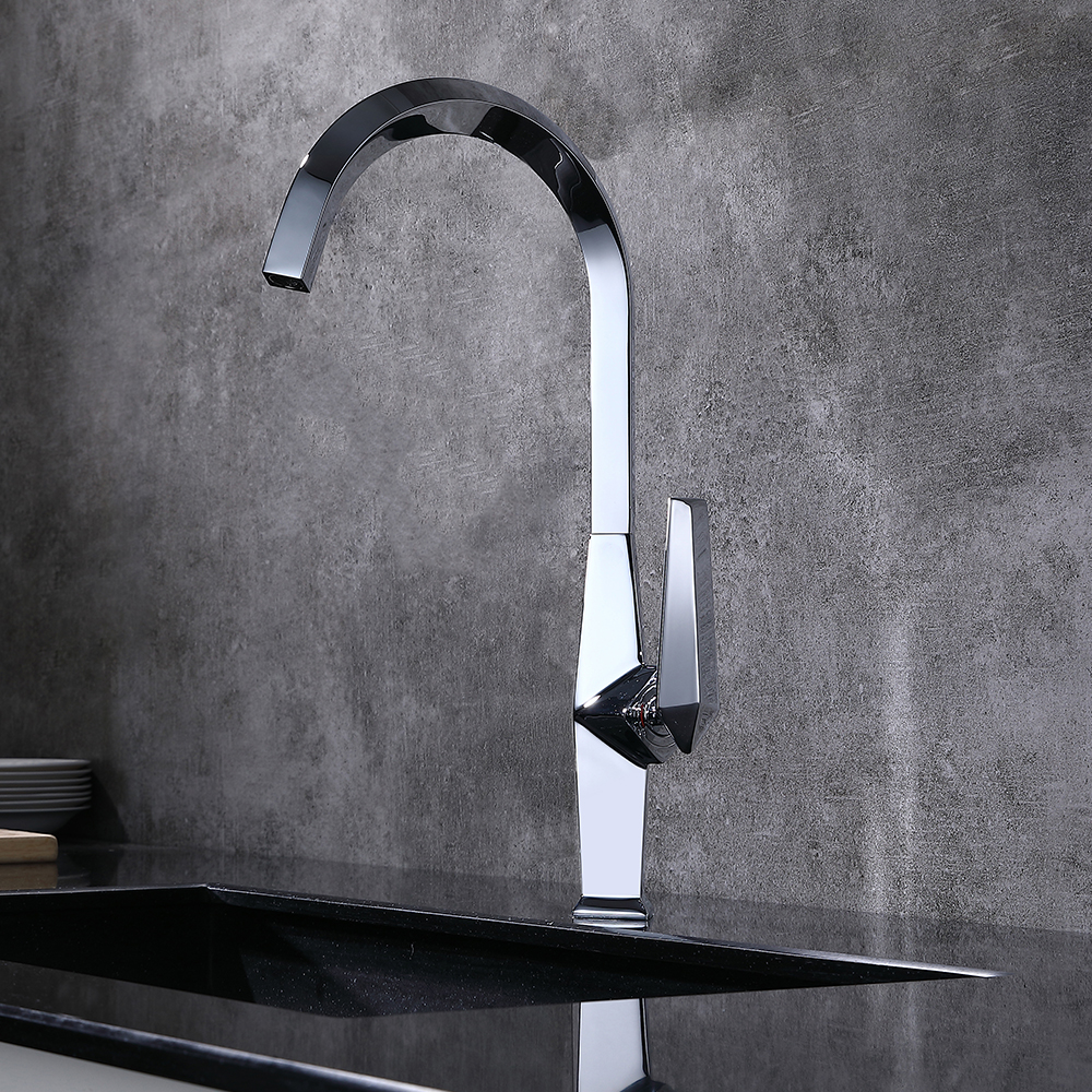 

Modern Geometric Single Hole High Arc Brass Kitchen Faucet in Chrome