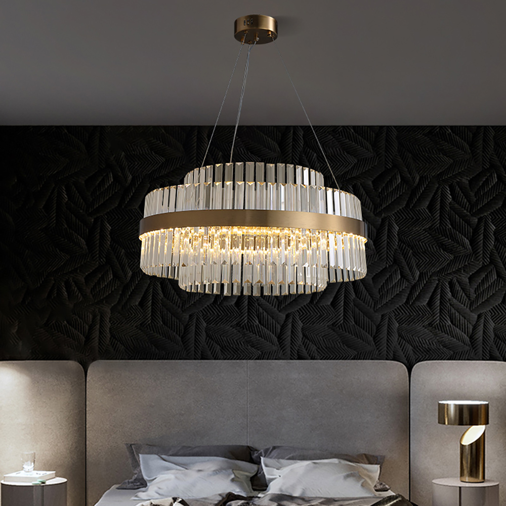 Modern Tiered Crystal LED Chandelier in Brass Dimmable Light