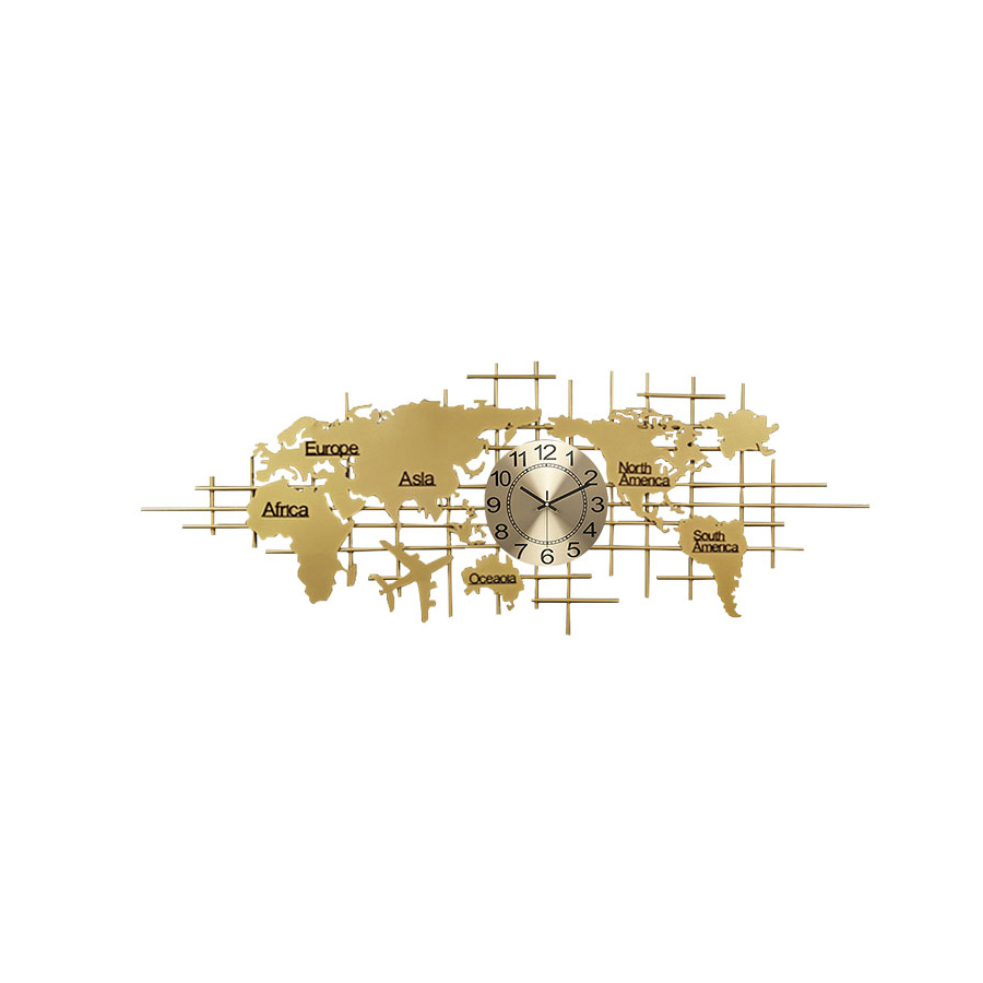 1500mm x 580mm Luxury Oversized World Map Wall Clock Golden Metal Home Decor