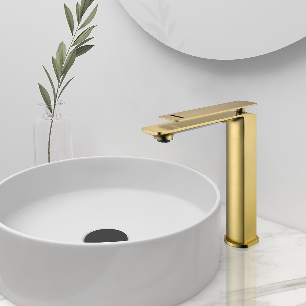 Monobloc Bathroom Basin Mixer Tap Single Handle Solid Brass in Brushed Gold