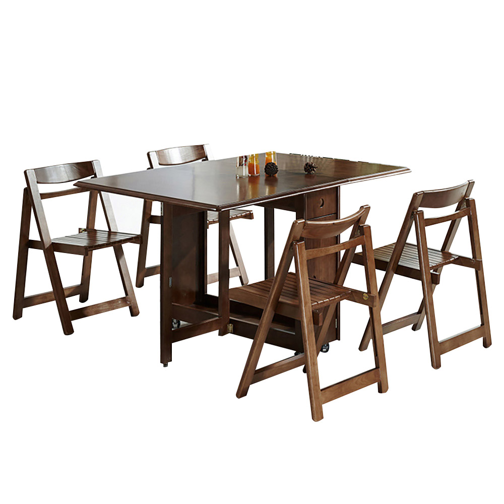 57" Modern Solid Wood Folding 5 Piece Dining Table Set for 4 in Walnut