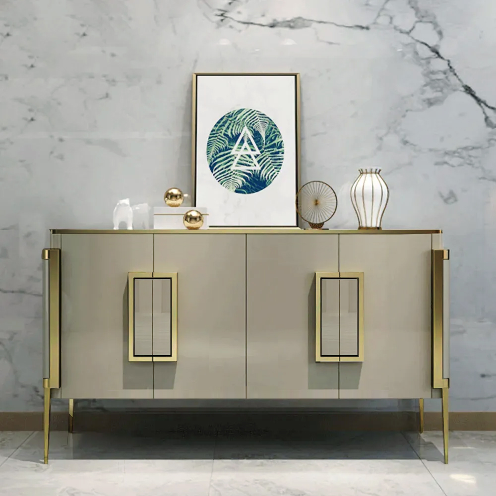 59" Modern Champagne Sideboard Buffet Tempered Glass Top with 4 Doors & 4 Shelves