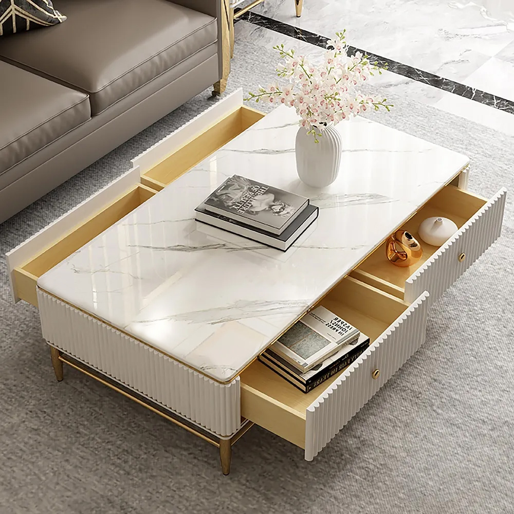 1300mm White Faux Marble Rectangle Coffee Table in Gold with Storage 4 Drawers