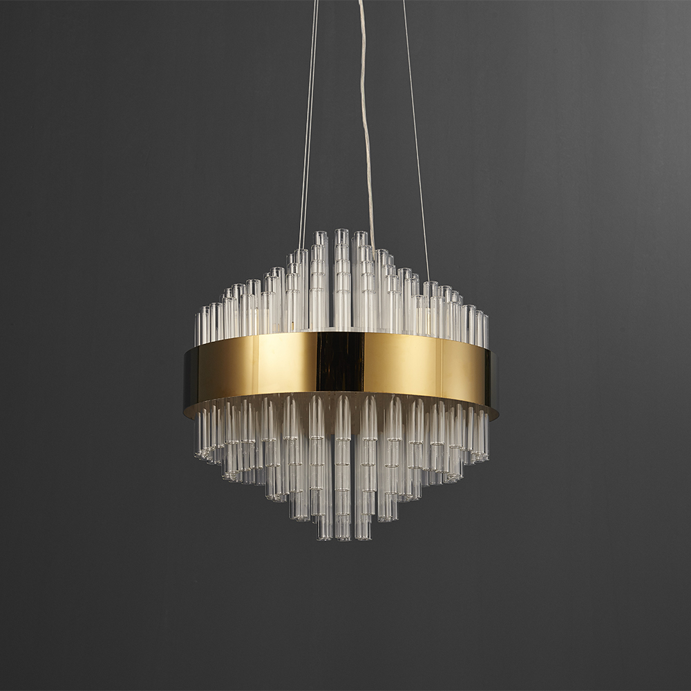 Modern 36-Light Clear Glass & Stainless Steel Chandelier in Gold