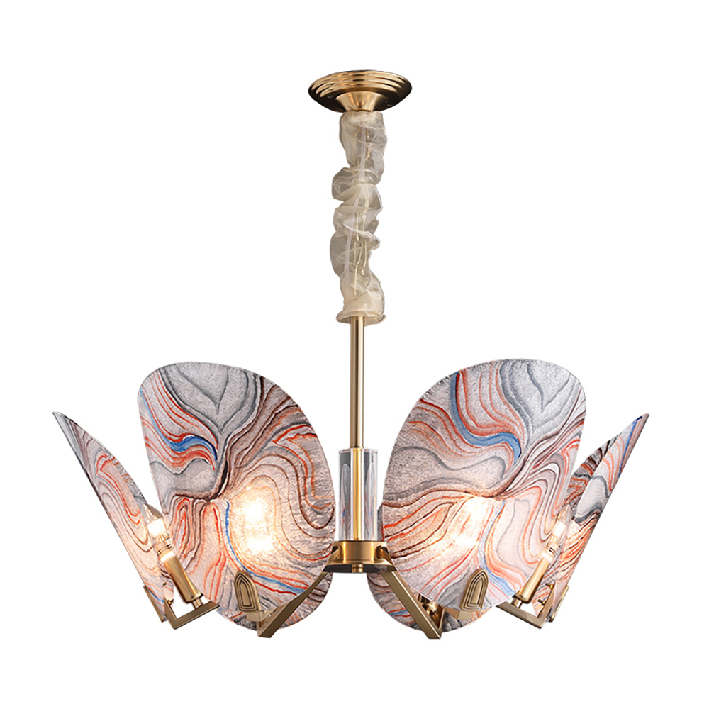 Postmodern 6-Light Enamel Chandelier in Brass with Leaves Shaped