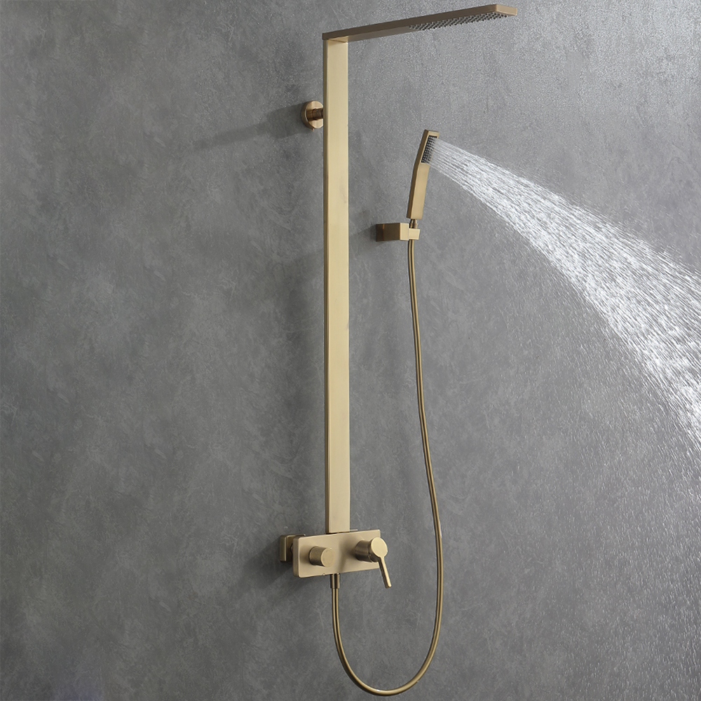 Exposed Brushed Gold Wall-Mount Rain Shower Set with Hand Shower