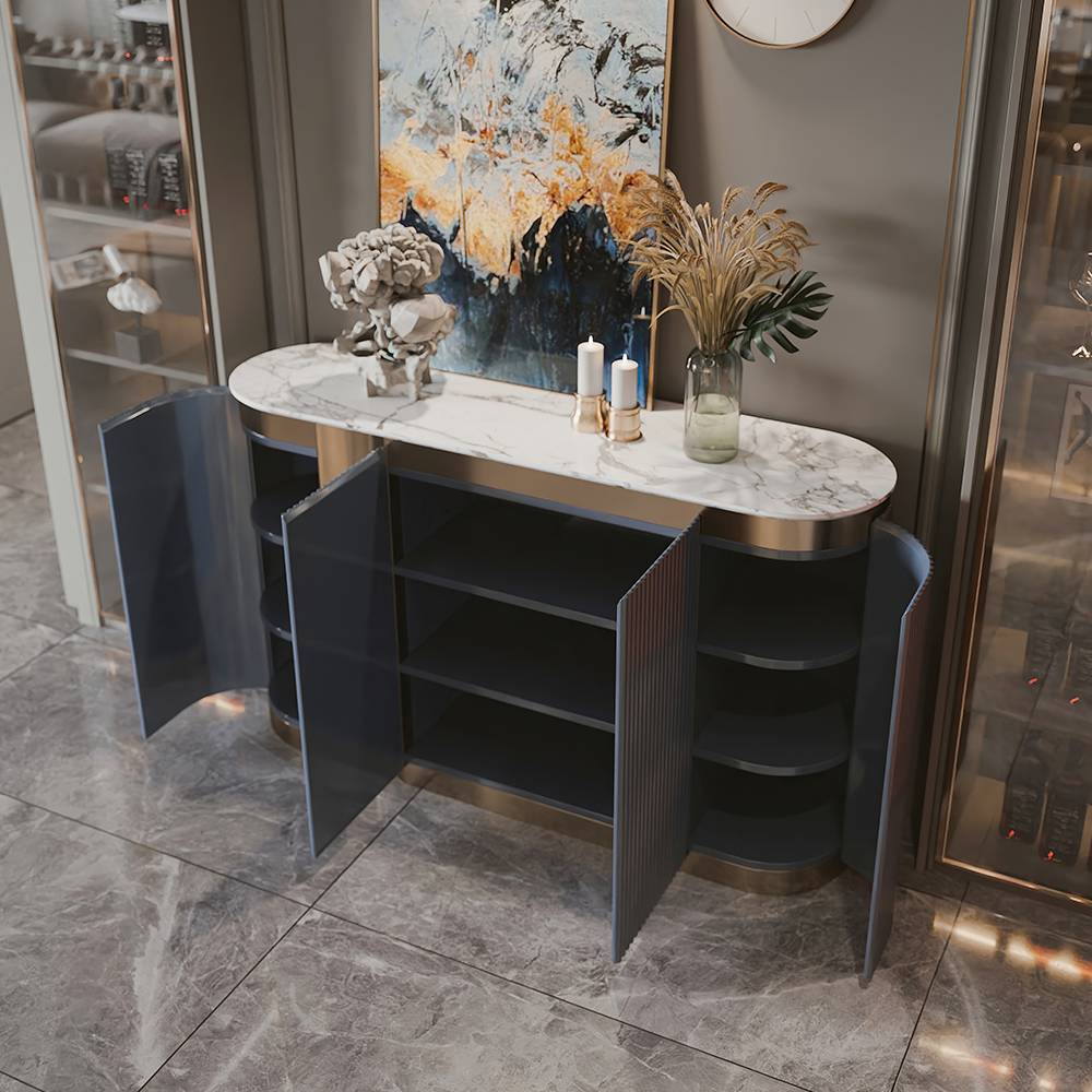 Aparador bufé moderno de mármol sintético azul de 1500 mm con 4 puertas