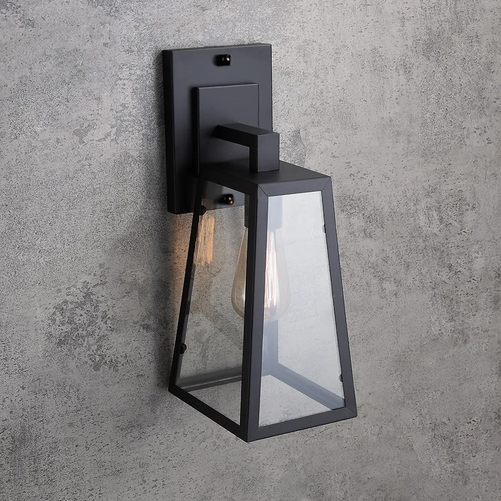 Antique Matte Black Iron Clear Glass 1-Light Lantern Outdoor Wall Sconce