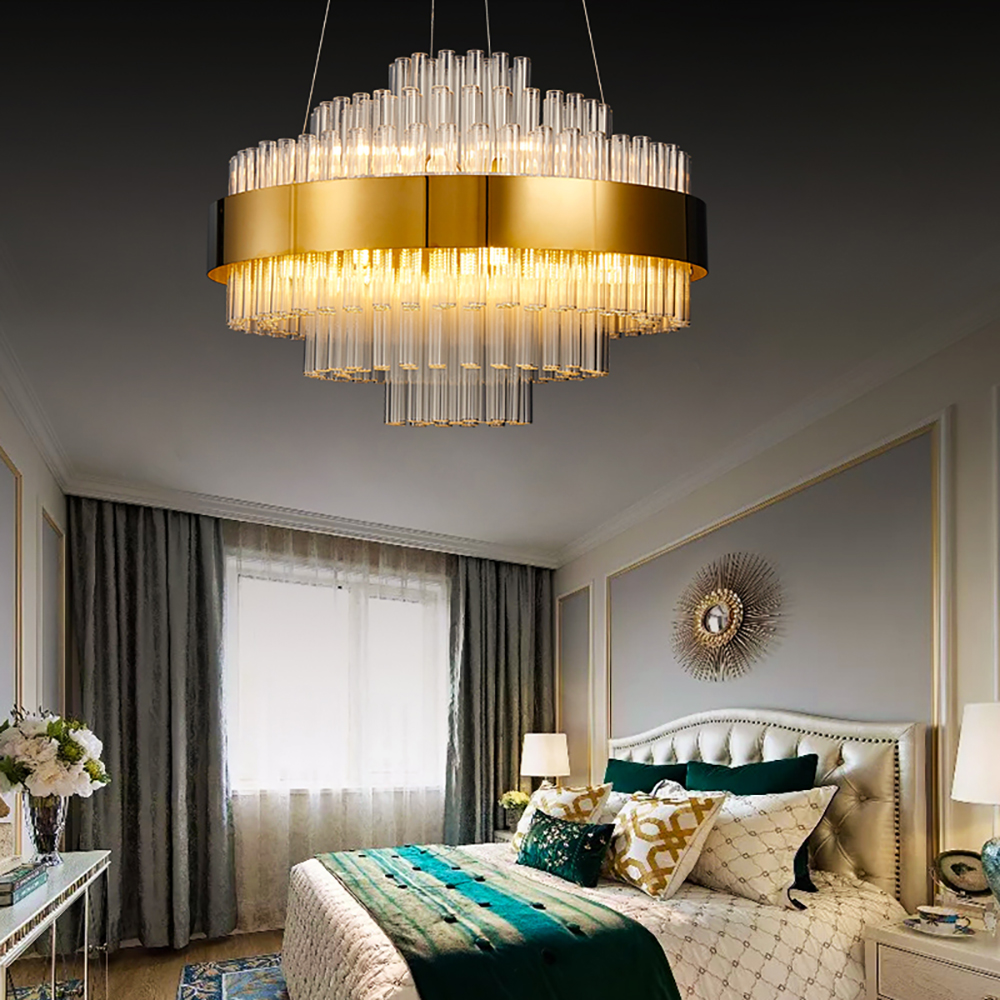Modern 10-Light Clear Glass & Stainless Steel Chandelier in Gold