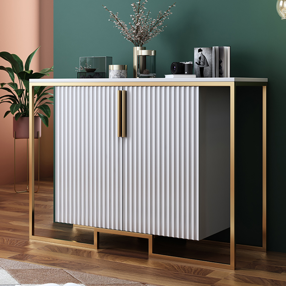 

Contemporary White Slatted Accent Cabinet with Geometric Golden Frame