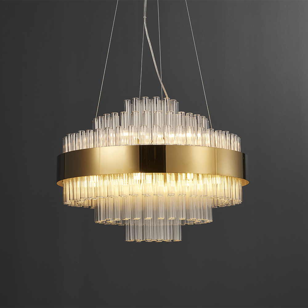 Modern 10-Light Clear Glass & Stainless Steel Chandelier in Gold