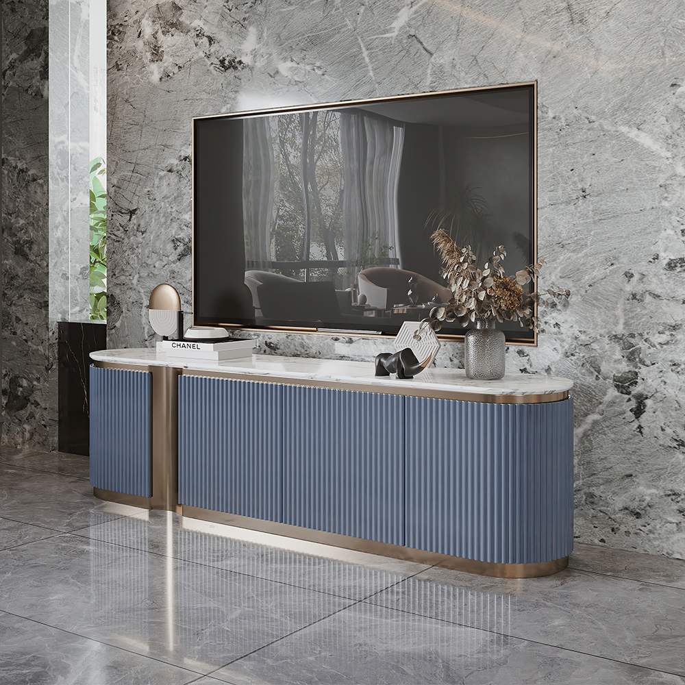 

78" Blue Modern Freestanding Faux Marble TV Stand with 4 Doors