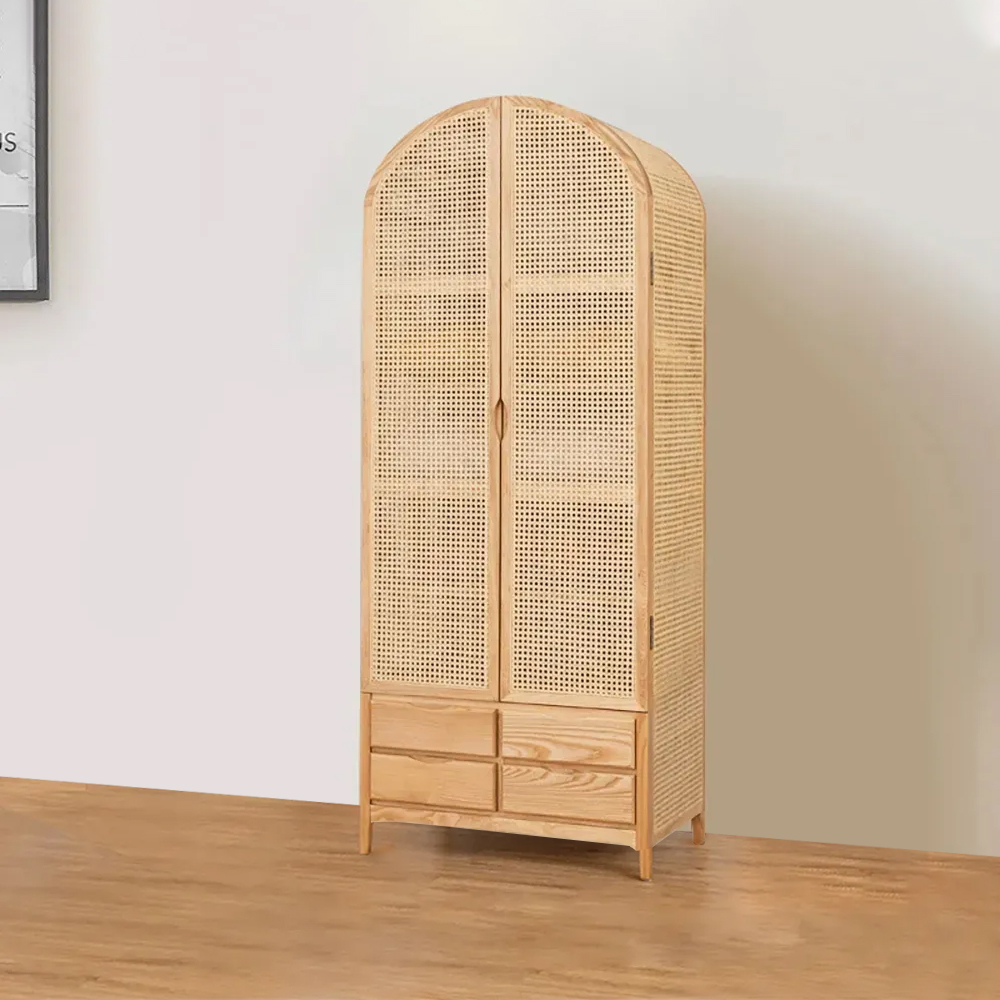 Woven rattan wardrobe closet cabinet with 2 doors and 4 drawers