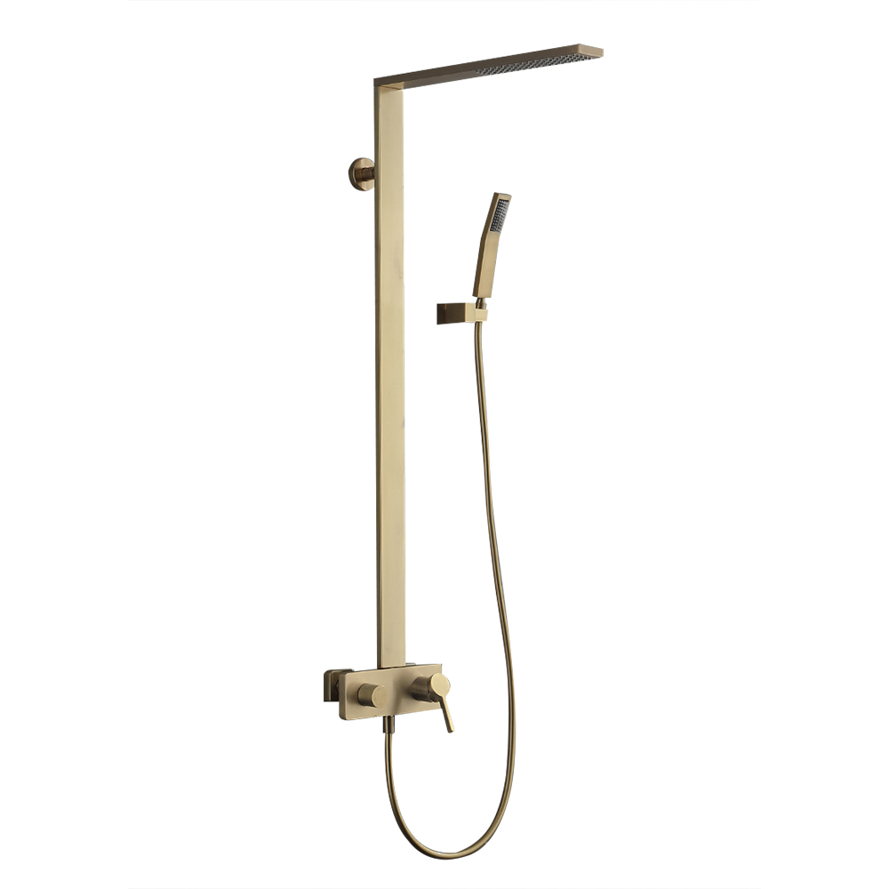 Exposed Brushed Gold Wall-Mount Rain Shower Set with Hand Shower