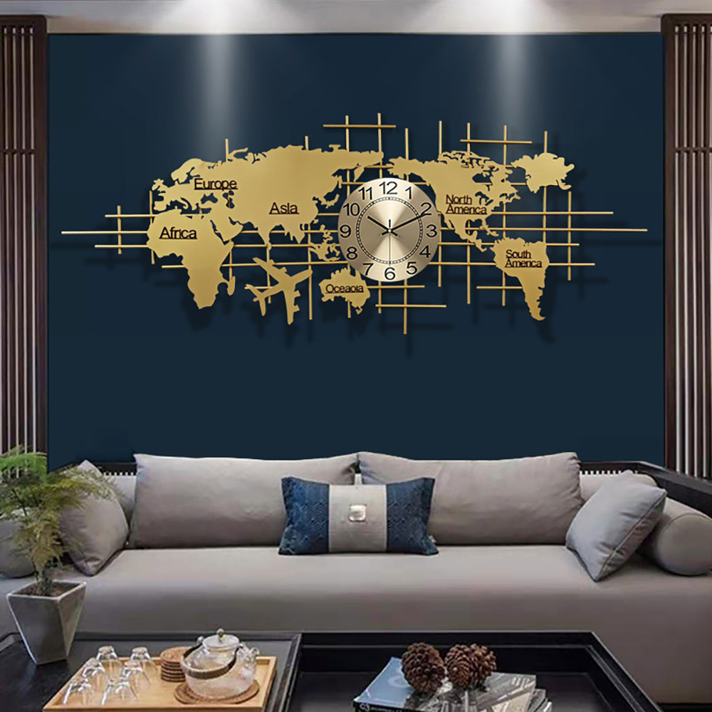 Image of 59" x 23" Luxury Oversized World Map Wall Clock Golden Metal Home Decor