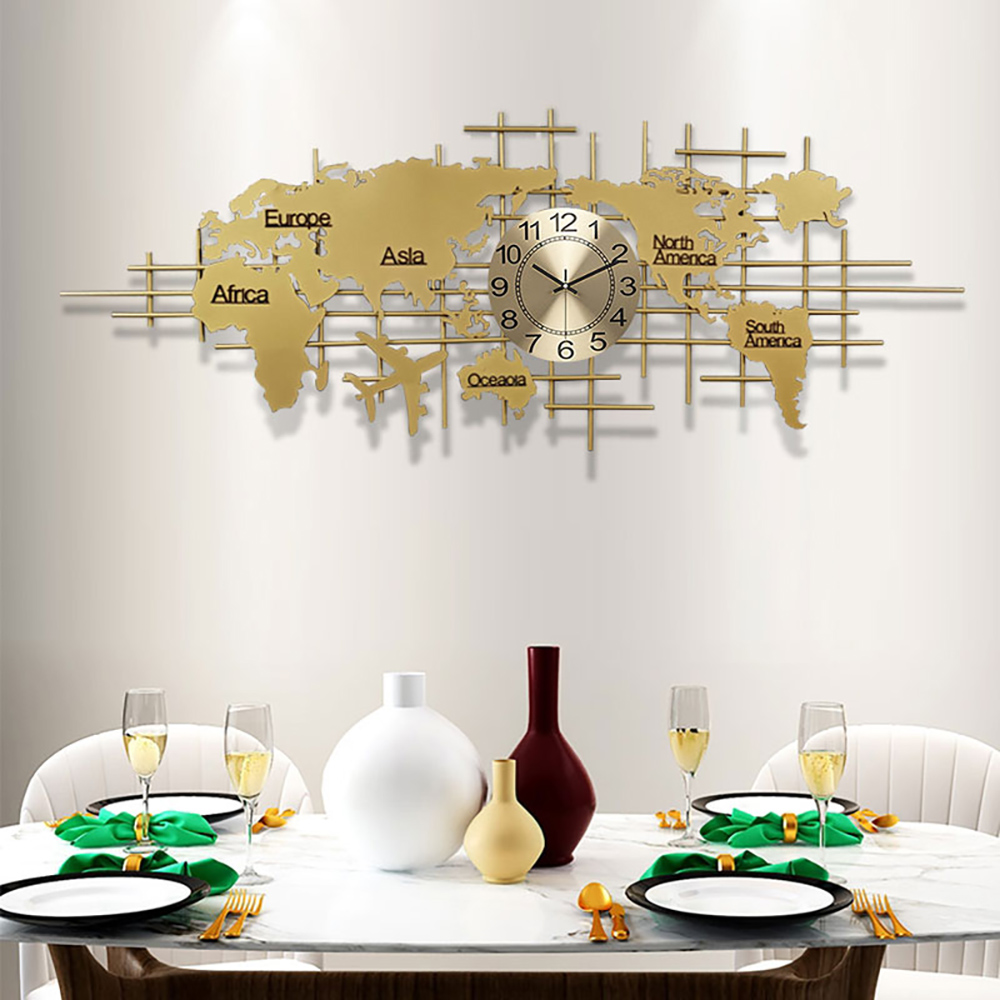 59.1" x 22.8" Luxury Golden Metal Oversized World Map Wall Clock Home Decor