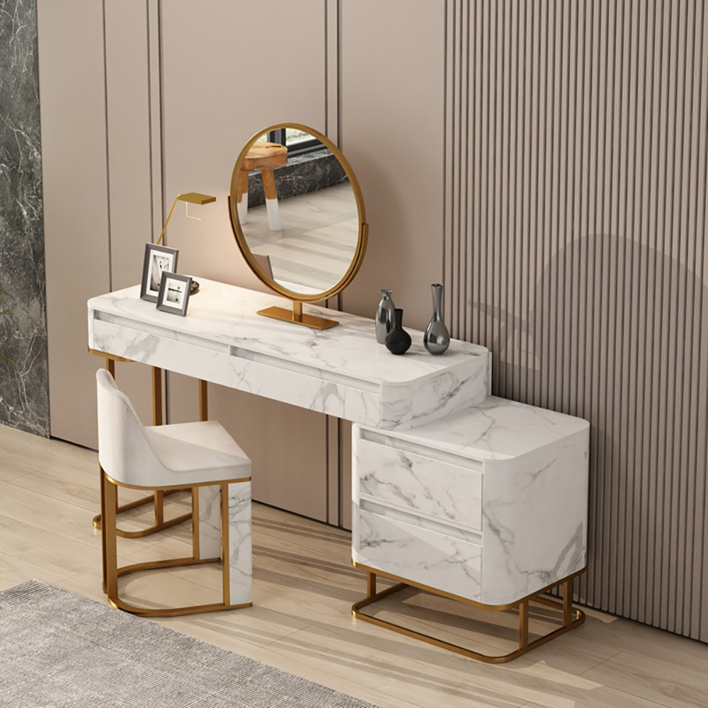 

Nordic Stone Top Makeup Vanity with Side Table & Stool & Mirror