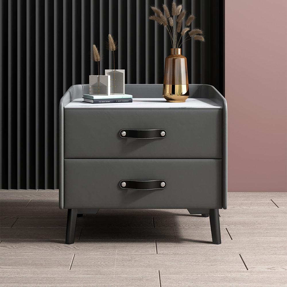 

Modern Gray Stone-top Nightstand in Faux Leather with 2 Drawers