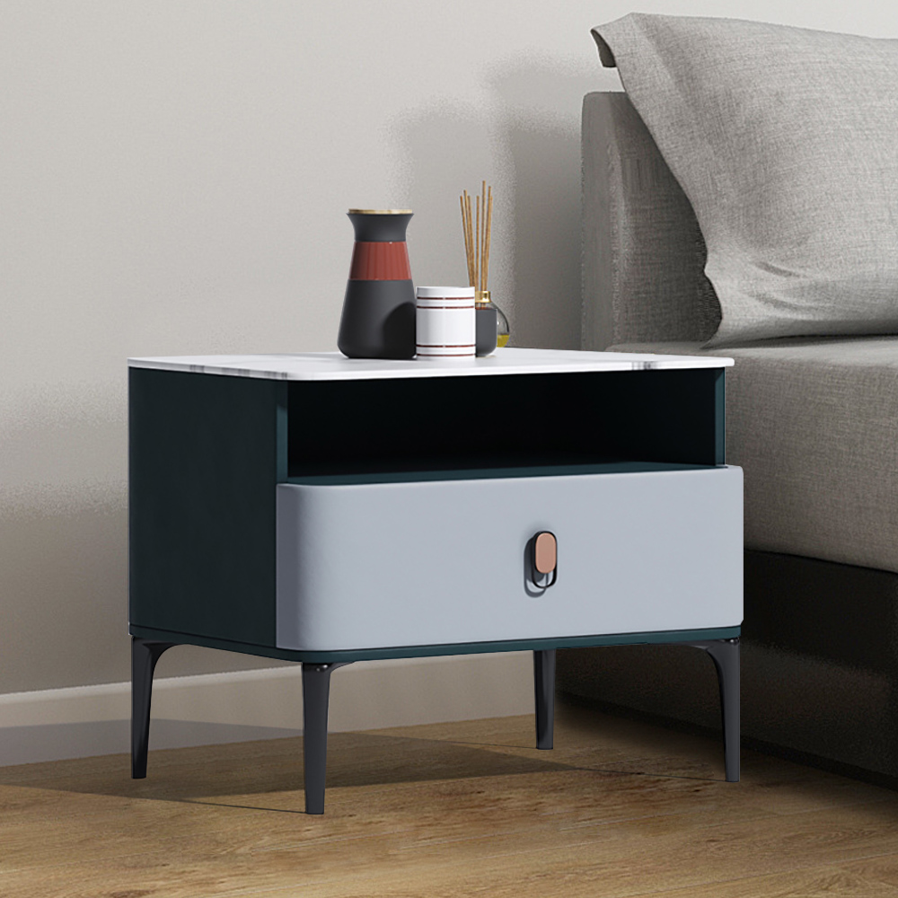 

Postmodern Blue Pine Wood Bedroom Nightstand with Drawer & Shelf