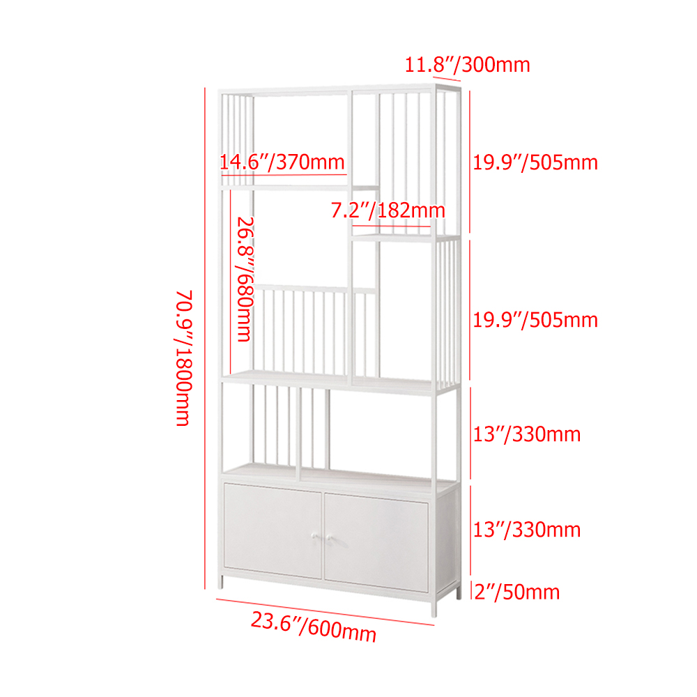 

70" Modern 4-Tier Geometric Bookshelf with 2 Doors in White