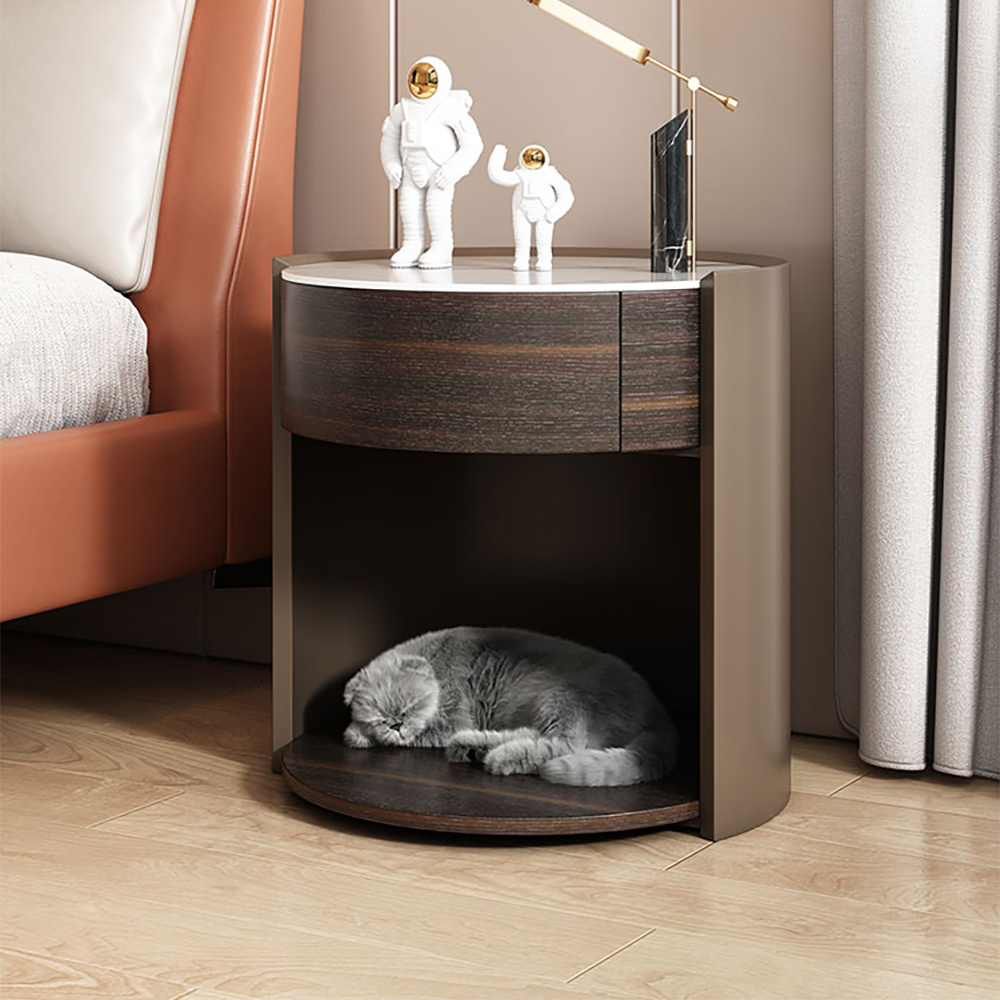

Contemporary Round Stone Top Nightstand with Drawer & Shelf