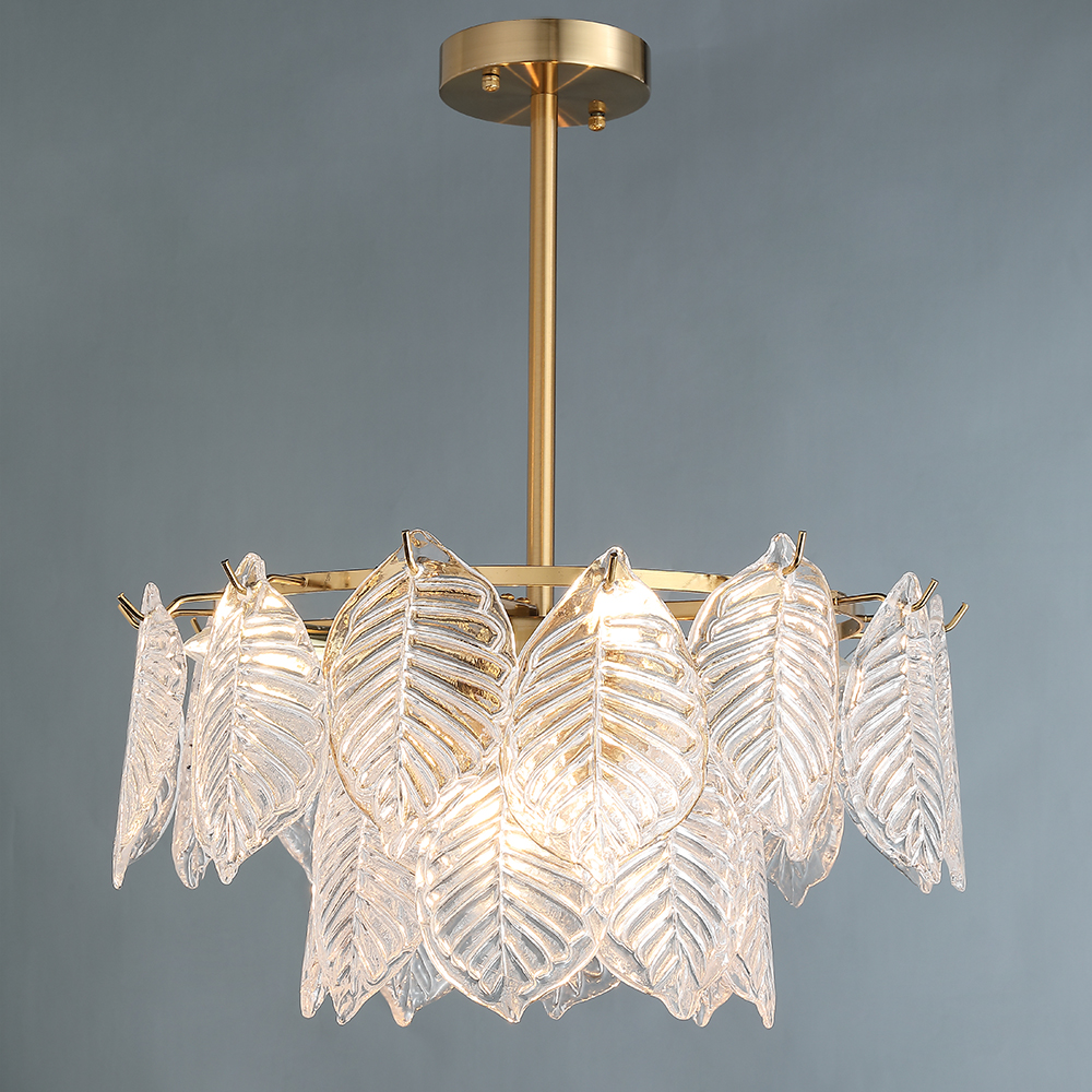 Contemporary Tiered 7-Light Glass Leaf Chandelier with Frame in Brass