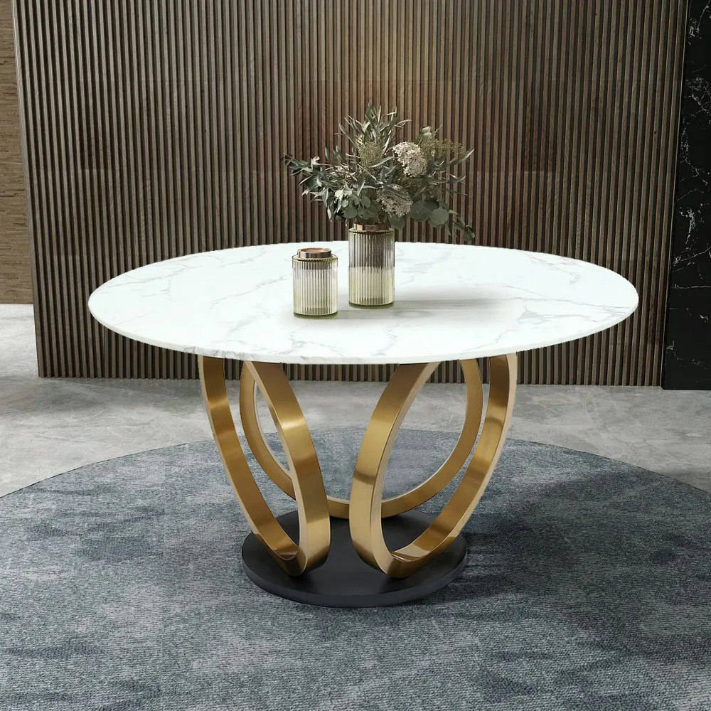 59.1" Contemporary Round Dining Table With Faux Marble Top In White & Gold
