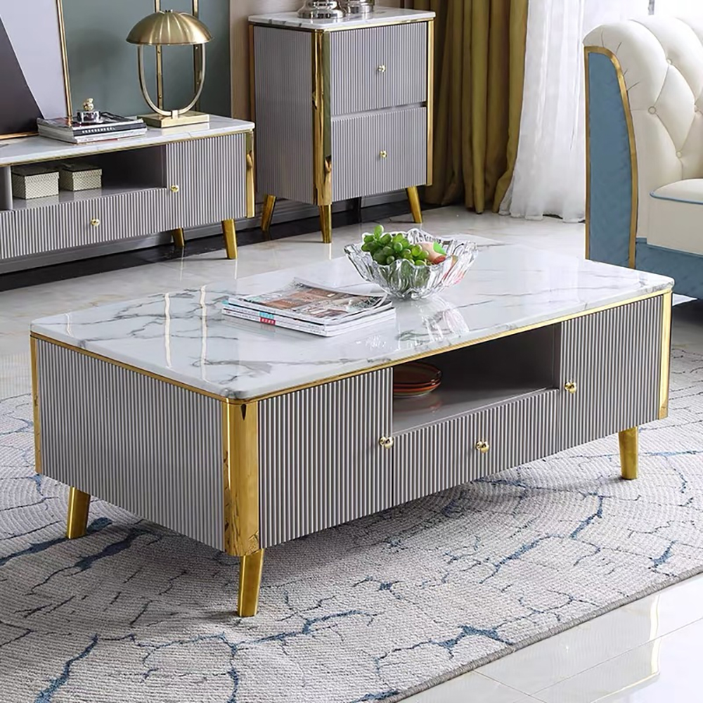 

Contemporary White & Gold Faux Marble Top Coffee Table with Storages & Drawer