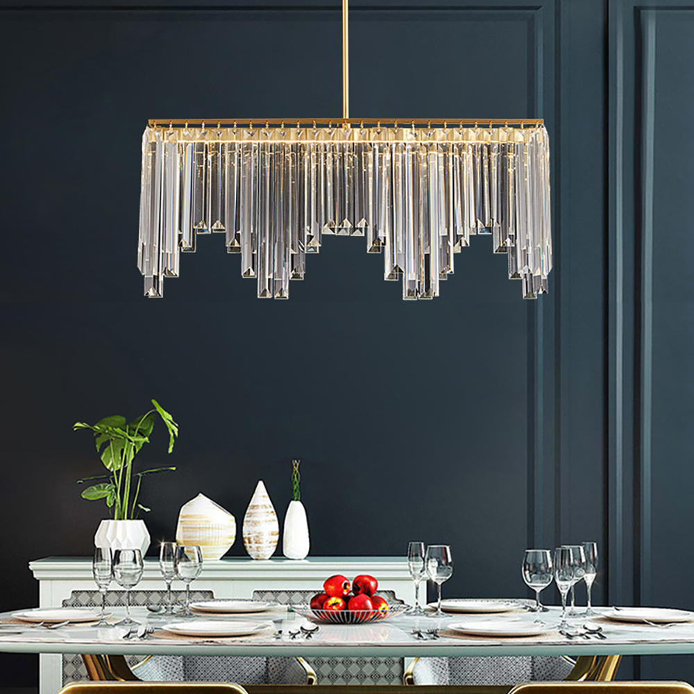 

Modern Tiered K9 Crystal Kitchen Island Light with Brass Adjustable Hanging Rod