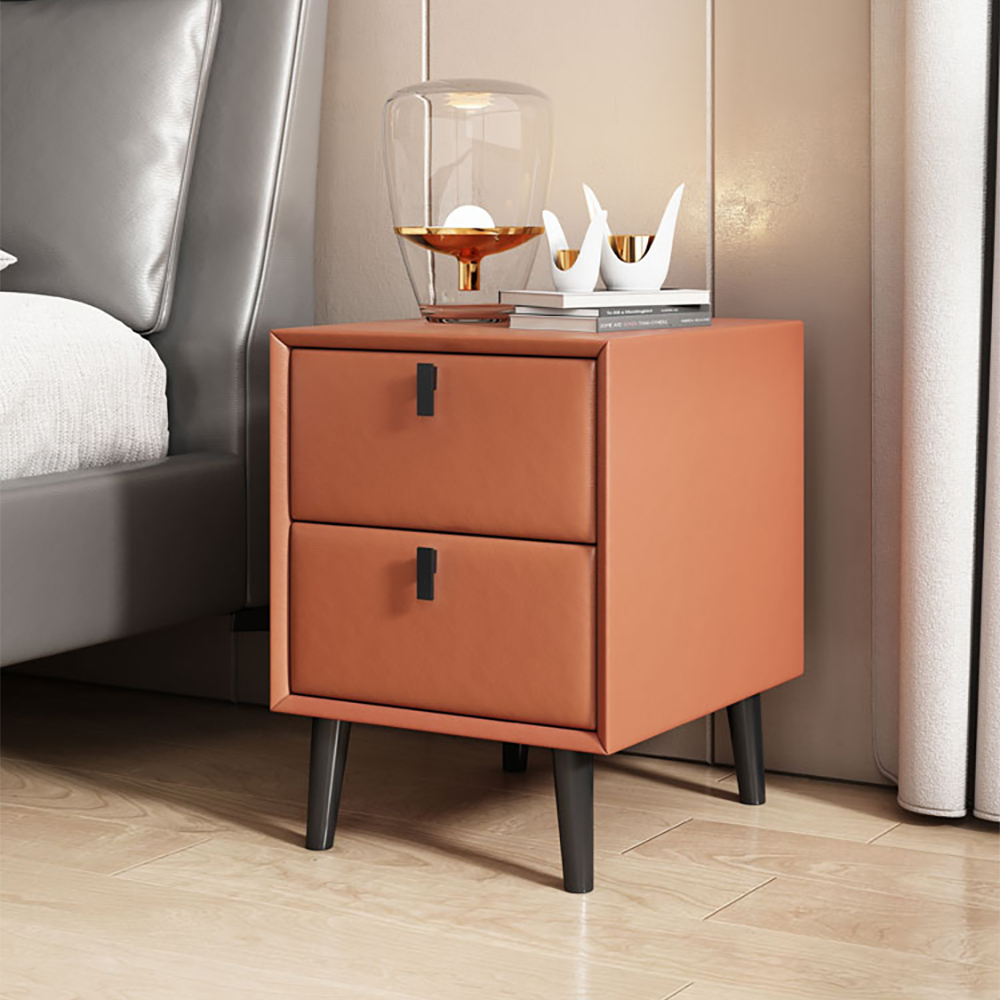 

Modern Orange Faux Leather Nightstand in Pine Wood with 2 Drawer