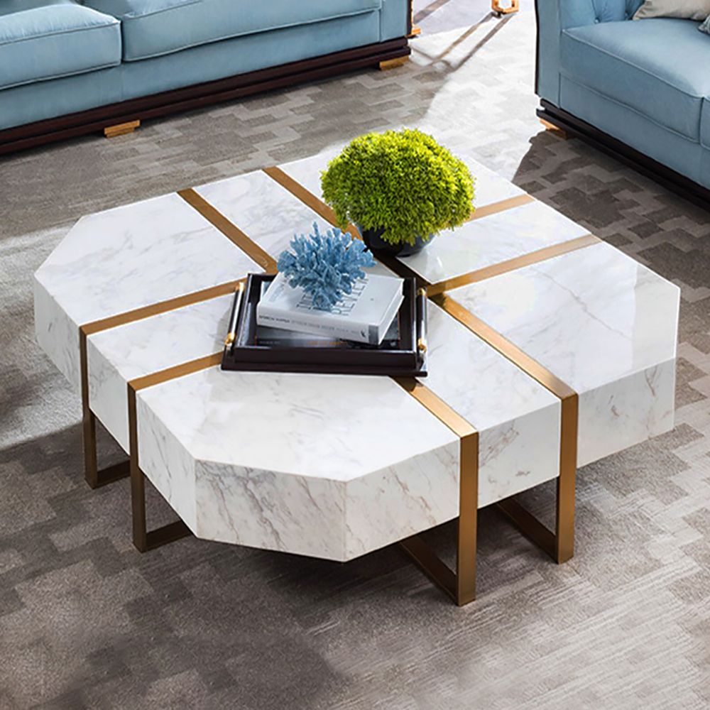 Modern White & Gold Coffee Table with Faux Marble Top & Stainless Steel Frame