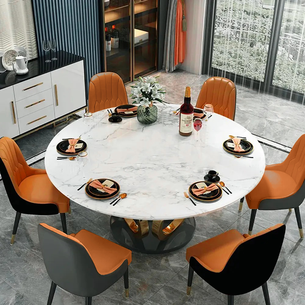 53.1" Contemporary Round Dining Table Set of 7 with Upholstered Chairs