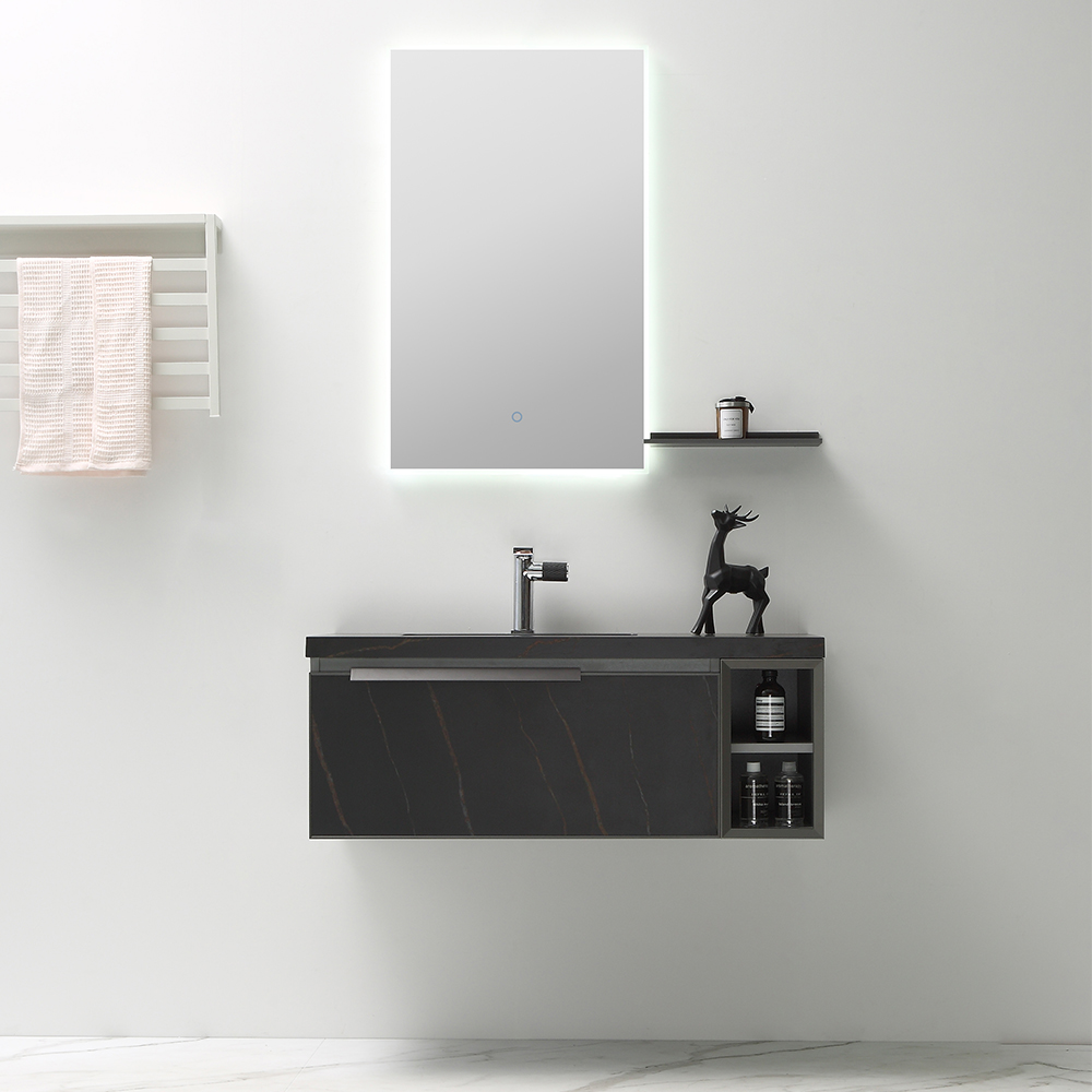 39" Modern Black Floating Stone Top Bathroom Vanity With Undermount Sink & Drawer