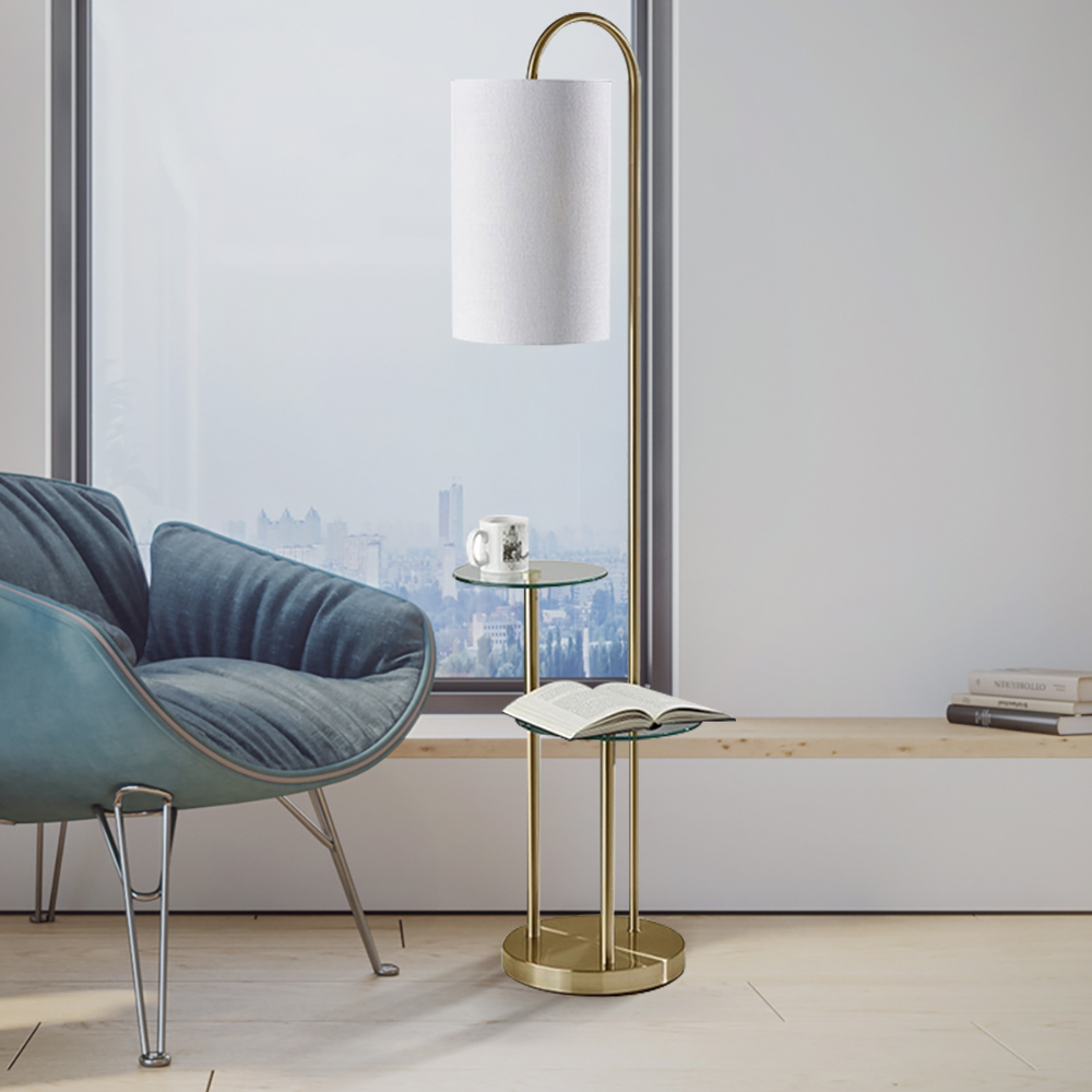 

Modern White Arc Floor Lamp with Tray Table & Fabric Shade