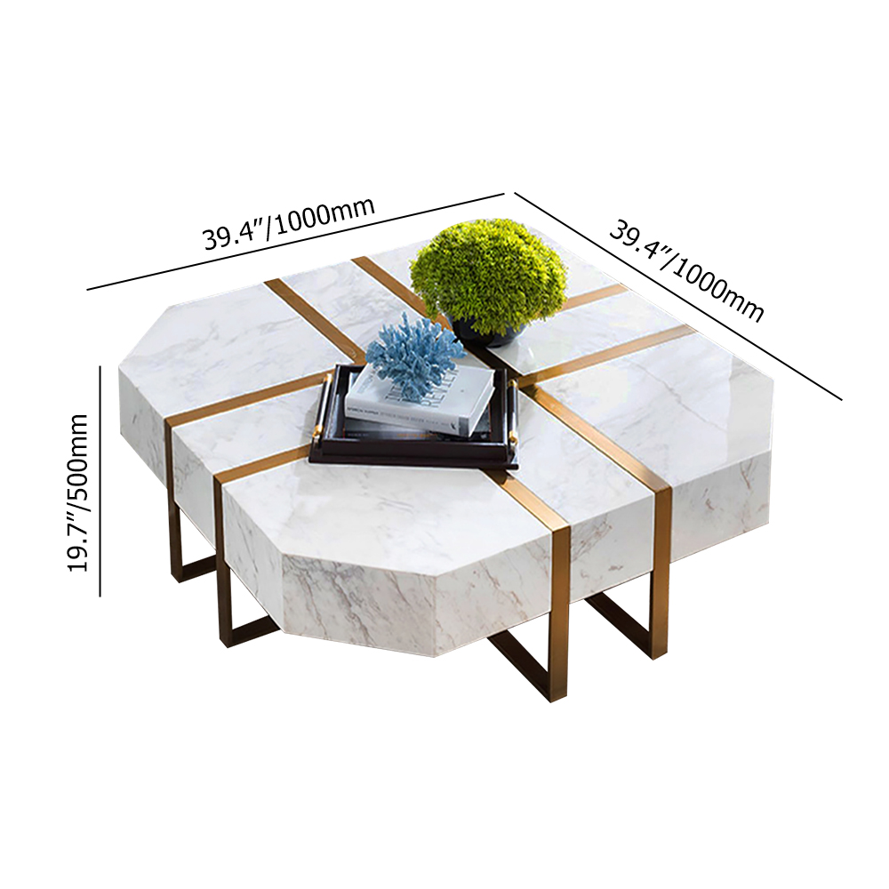 Modern White & Gold Coffee Table with Faux Marble Top & Stainless Steel Frame