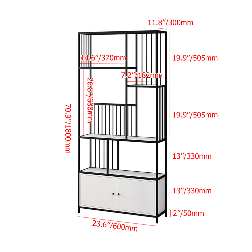 

70" Modern 4-Tier Geometric Bookshelf with 2 Doors in White & Black