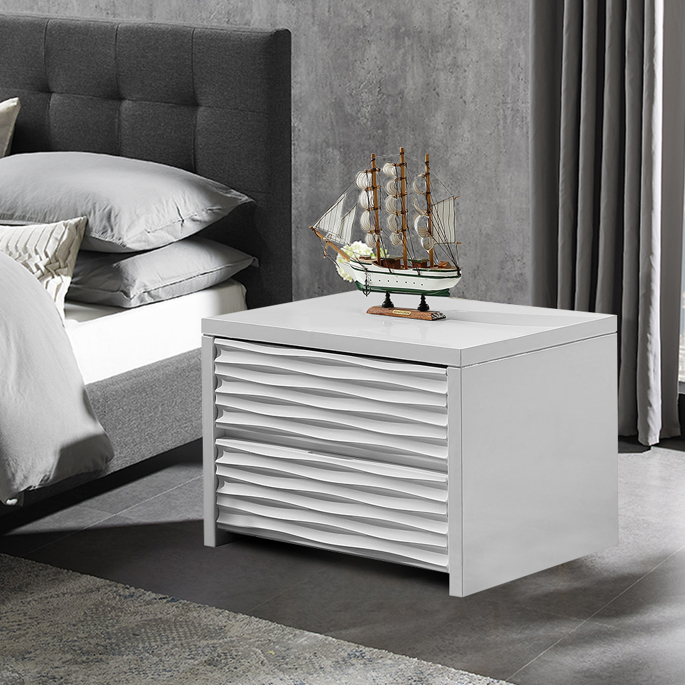 

Modern Slatted White Nightstand with Drawers Bedside Table