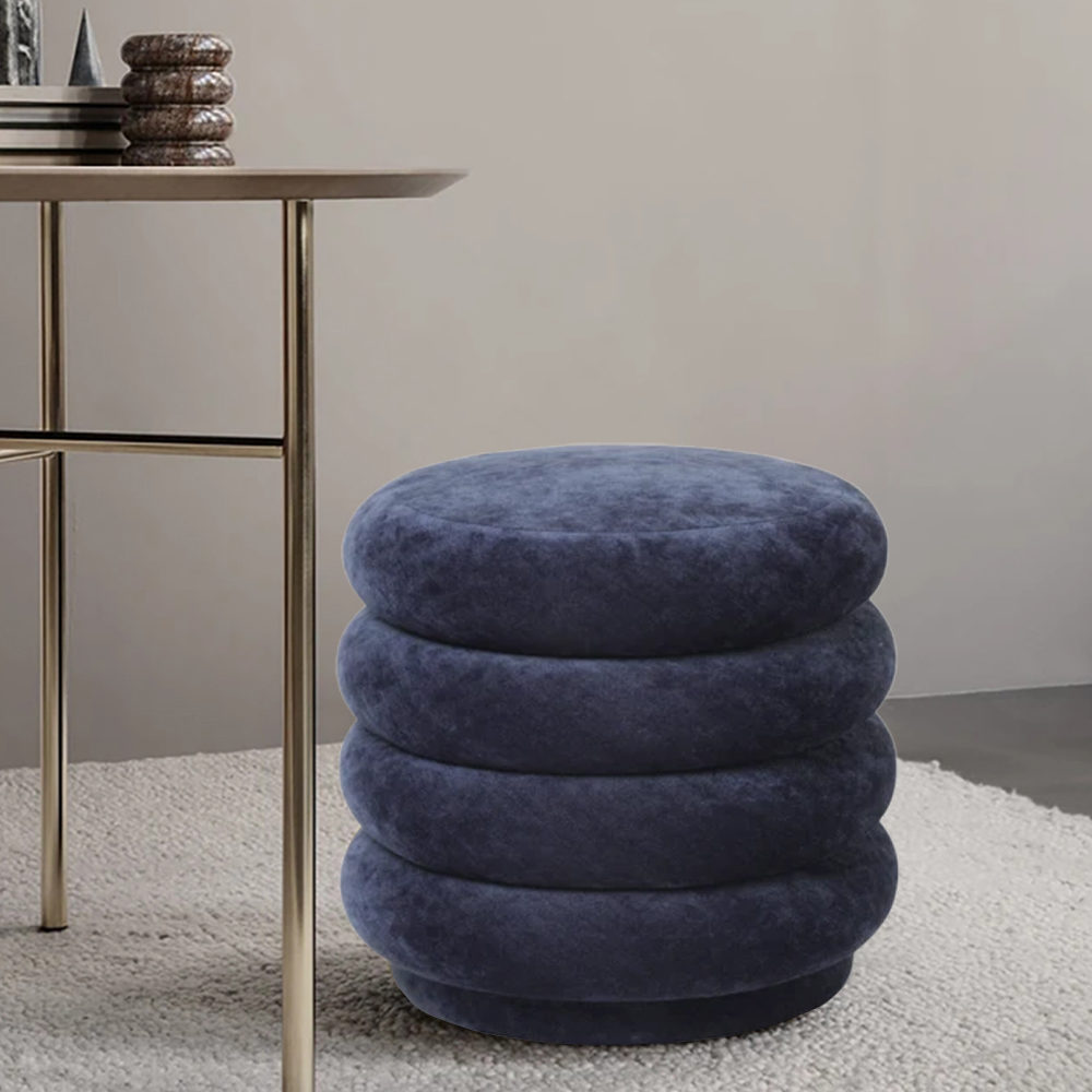 Round Blue Velvet Vanity Stool In Piled-up Design