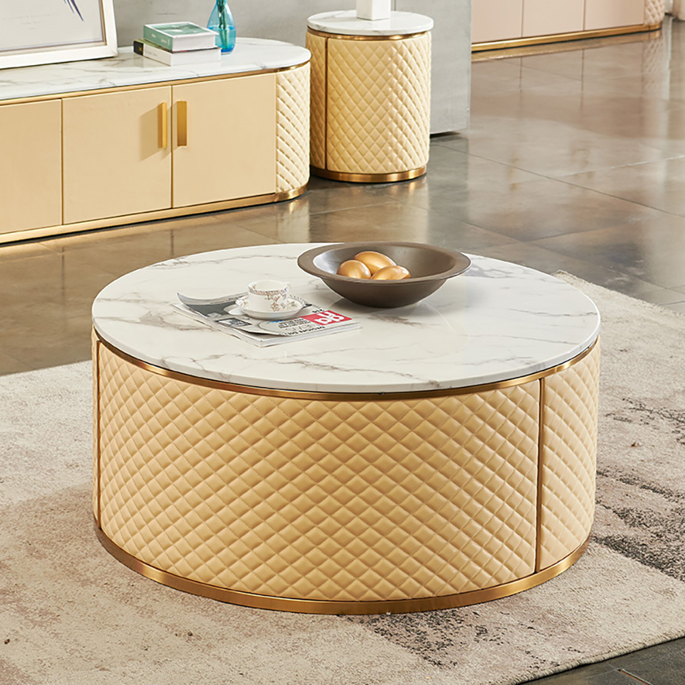 

White & Gold & Champagne End Table with Faux Marble Top in Light Luxury Style