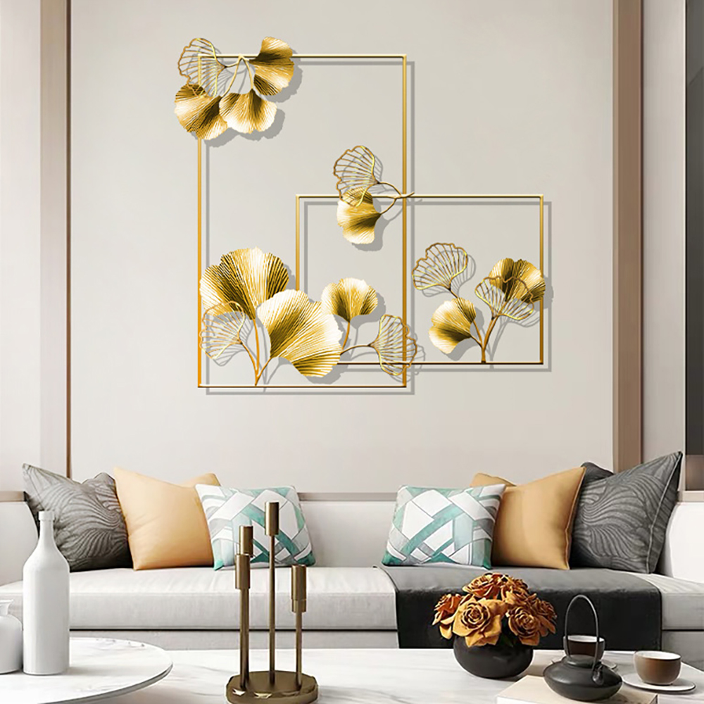 2 Pieces Rectangle Ginkgo Leaves Metal Wall Decor with Hollow-Out Design