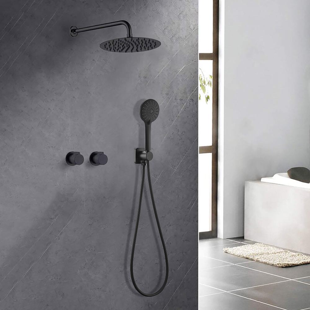Wall-Mounted Round Double Functions Shower Set with Standard Mixer Valve in Black