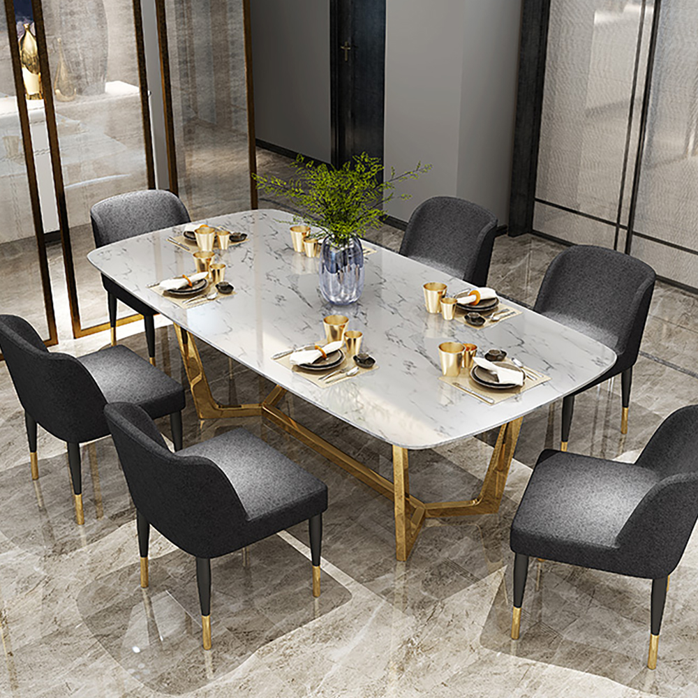 

63" Contemporary White Dining Table with Stone Top & Gold Trestal