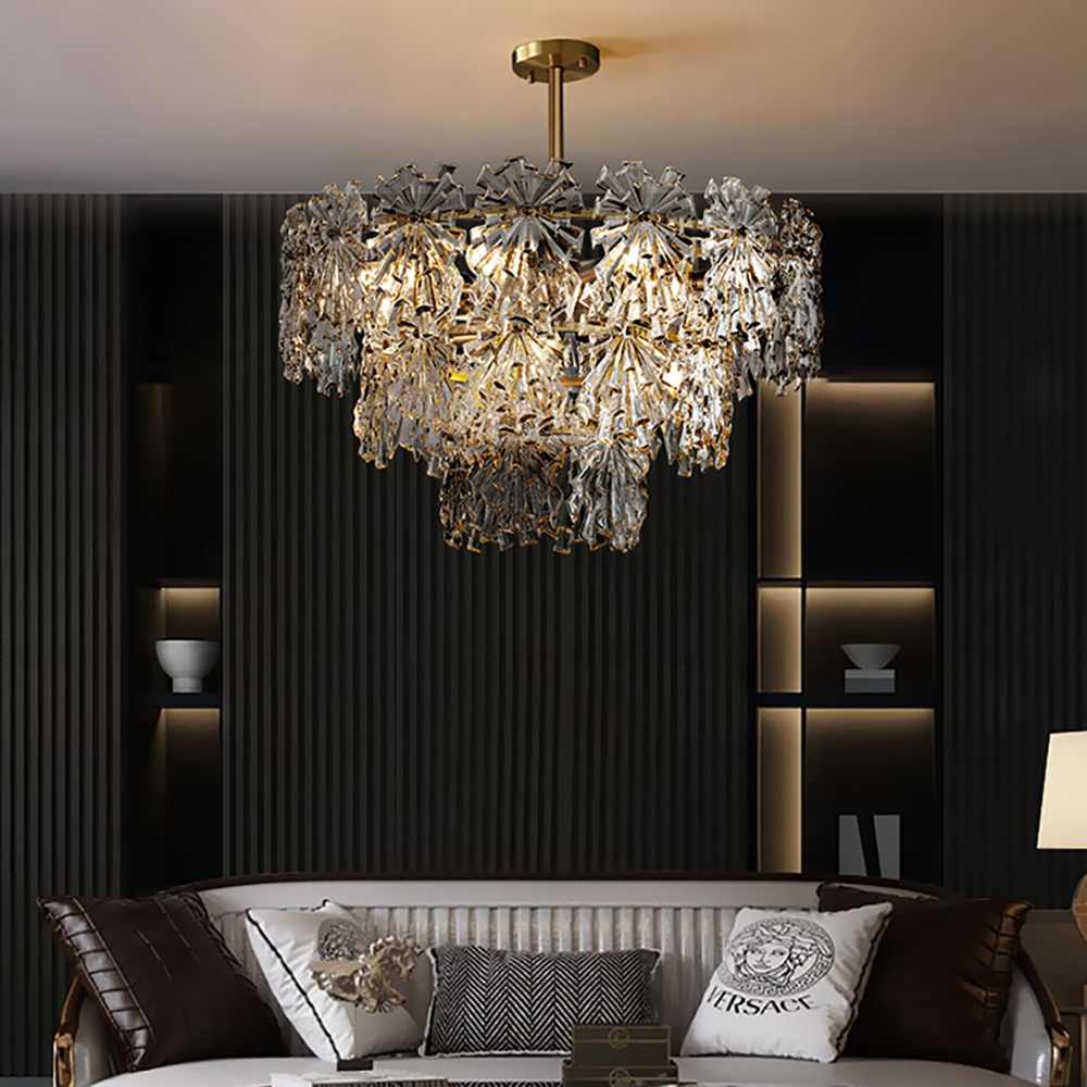 

Modern 9-Light Snowflake Tiered Glass Chandelier in Brass