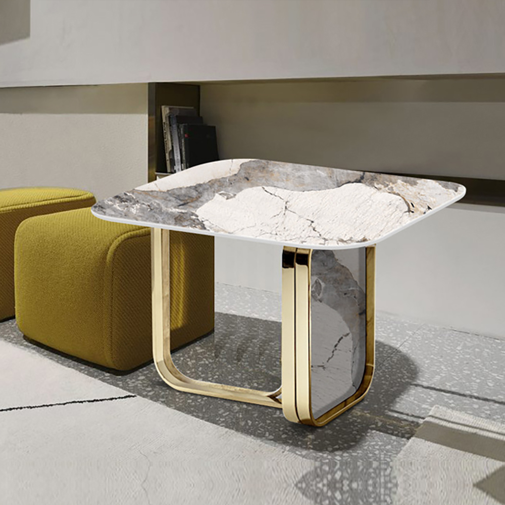 

Contemporary Square Stone Top End Table with Stainless Steel Base