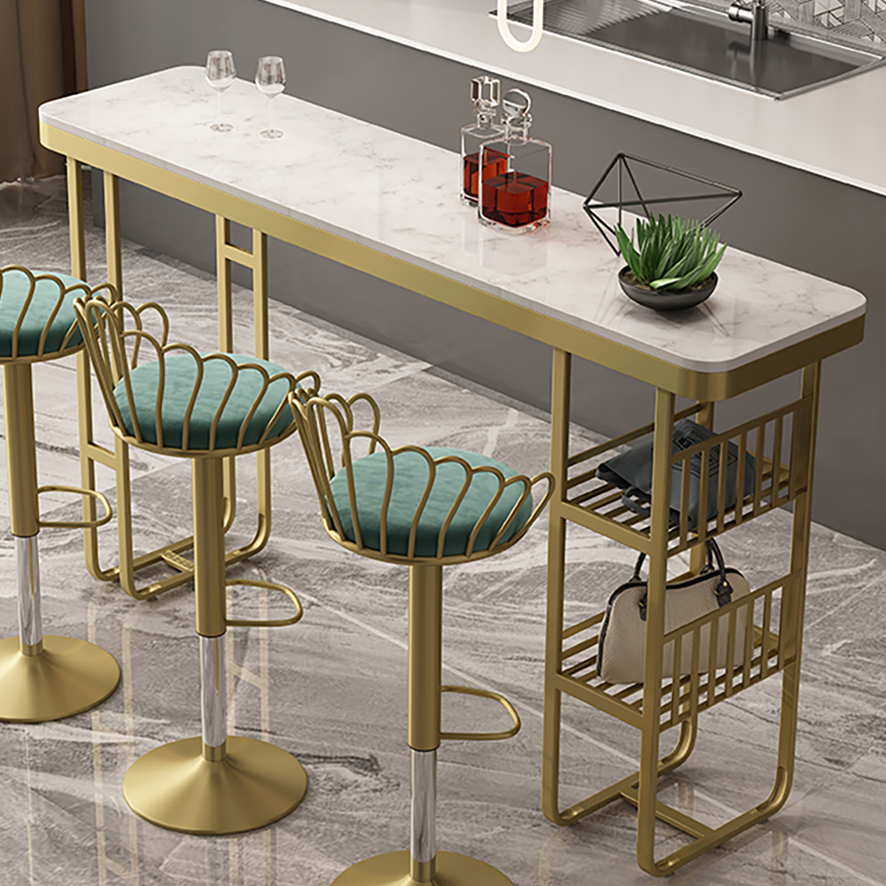 Image of 55.1" Modern Straight Bar Table with Shelves in White & Gold